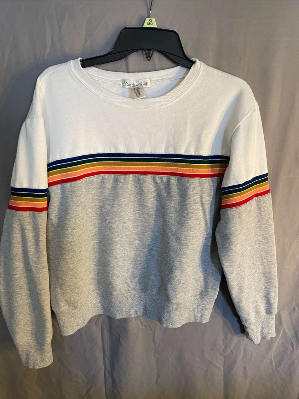 Youthful Trend White & Gray Crewneck Sweater with Rainbow Stripes